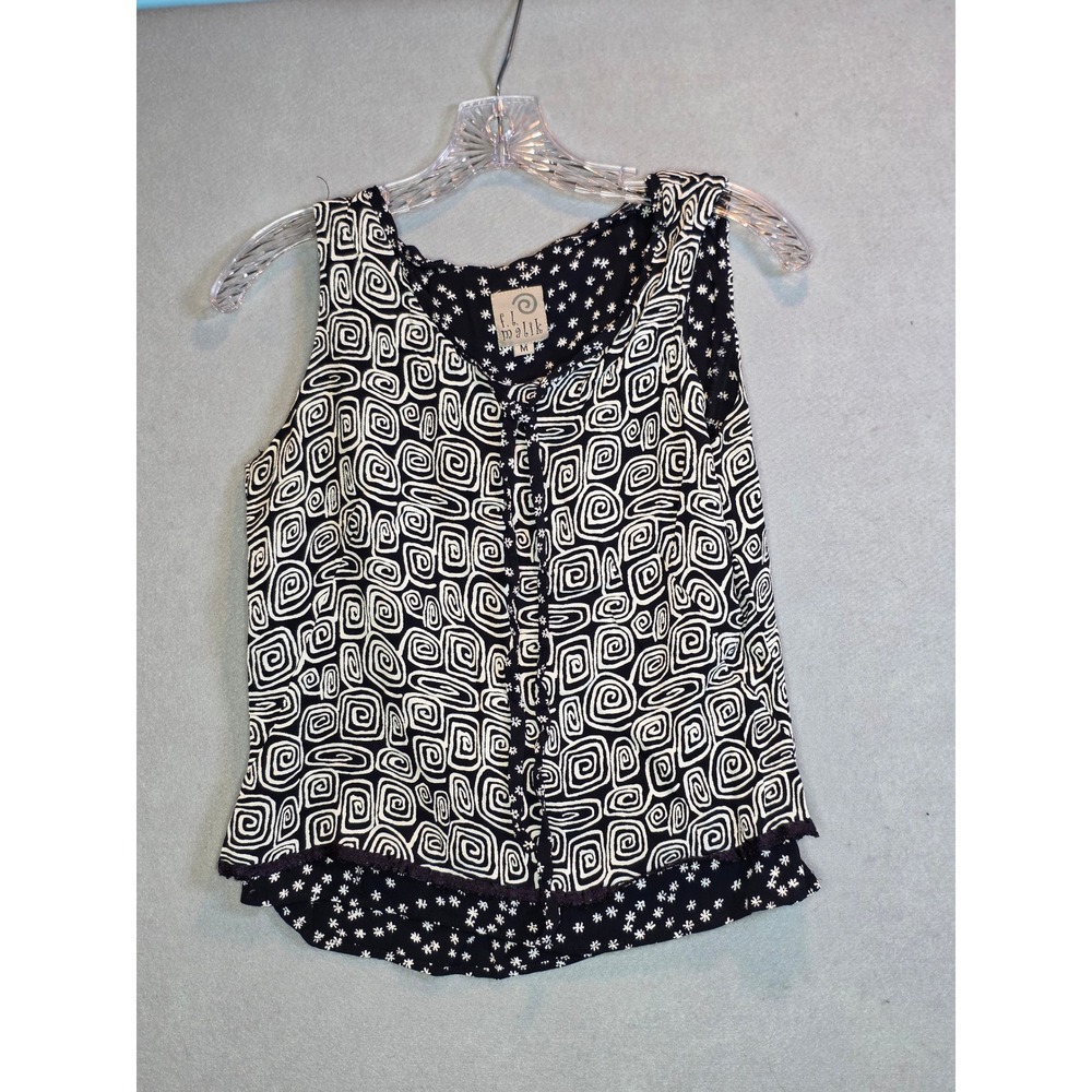 F.L. Malik Mixed Print Sleeveless Top Black White Swirl Floral Distressed Hem M